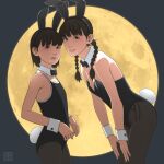  2girls animal_ears artist_name black_background black_bow black_bowtie black_hair black_hairband black_one-piece_swimsuit black_pantyhose blunt_bangs blush bow bowtie braid breasts brown_eyes collarbone commentary cowboy_shot detached_collar fake_animal_ears fake_tail full_moon hairband hands_on_own_thighs highres leaning_forward leotard long_hair moon multiple_girls night one-piece_swimsuit original outdoors pantyhose parted_lips playboy_bunny rabbit_ears rabbit_tail shinchou_ni_kansuru_kousatsu short_hair signature small_breasts strapless strapless_leotard swimsuit tail twin_braids watermark wrist_cuffs 