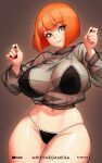  1girl alternate_costume artist_name bikini black_bikini black_nails bob_cut breasts brown_background brown_eyes gradient_background hands_up huge_breasts looking_at_viewer mcdonald&#039;s mikeymegamega mother_(yoru_mac) nail_polish orange_hair see-through see-through_shirt shiny_skin short_hair smile solo swimsuit yoru_mac 