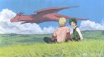  2boys :d alternate_universe arm_on_thigh bakugou_katsuki bead_necklace beads belt black_pants blonde_hair blue_sky blush bnahzub boku_no_hero_academia brown_belt chinese_commentary commentary_request day detached_sleeves dragon fantasy field flying freckles from_behind grass grasslands green_eyes green_hair green_vest happy highres jewelry long_sleeves looking_at_another looking_to_the_side male_focus midoriya_izuku multiple_boys multiple_necklaces necklace no_shirt official_alternate_costume on_grass on_ground open_collar open_mouth outdoors pants round_teeth scar scar_on_back shadow sheath sheathed shirt short_hair shoulder_belt sitting sky smile spiked_hair spoilers sword teeth tooth_earrings triangle_print turning_head upper_teeth_only vest weapon weibo_logo weibo_username western_dragon white_shirt wide_shot 