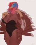  absurd_res anthro avian beak big_breasts bird breasts brown_body brown_feathers cleavage clothed clothing feathers female galliform hair hi_res leotard looking_at_viewer partially_clothed phasianid red_hair scuted_arms scutes smile solo turkey vexstacy wide_hips 