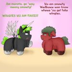  arisenleaf baby_talk black_body black_fur blue_eyes dialogue duo english_text feral fluffy_pony fur green_hair hair hi_res horn male monster red_body red_bull red_fur simple_background text wings 
