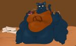  2023 absurd_res anthro belly big_belly big_breasts bottomless breasts chubby_cheeks clothed clothing crumbs dessert domestic_cat doughnut doughnut_box fat_arms fat_legs fat_rolls felid feline felis female food hi_res highlights_(coloring) holding_food holding_object huge_belly mae_borowski mammal morbidly_obese morbidly_obese_anthro morbidly_obese_female navel night_in_the_woods notched_ear obese obese_anthro obese_female open_mouth overweight overweight_anthro overweight_female red_eyes sinfullapis solo 