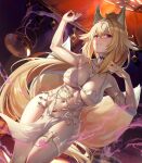  1girl animal_ears arm_up armlet bare_shoulders blonde_hair blush borrowed_character breasts brown_eyes cleavage closed_mouth commission dutch_angle fox_ears fox_girl fox_tail hair_between_eyes hand_up high_ponytail highres kazto_furuya large_breasts long_hair looking_at_viewer navel original pelvic_curtain revealing_clothes skeb_commission smile solo tail thigh_strap underboob very_long_hair 