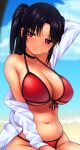  1girl beach bikini black_hair blue_sky breasts cleavage cloud collared_shirt day dress_shirt foreshortening highres horizon large_breasts looking_at_viewer navel ocean original outdoors parted_bangs purple_eyes red_bikini shirt sitting sky solo swimsuit tobio_(honya) twintails white_shirt 