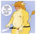  2022 anthro blush bovid bovine cattle clothed clothing cowdypie deep_navel dialogue fur hair hi_res jockstrap jockstrap_only male mammal moo_(cowdypie) mostly_nude navel nipple_piercing nipples overweight piercing simple_background solo tail topless underwear underwear_only yellow_body yellow_fur 
