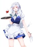  1girl absurdres apron blue_dress blush braided_sidelock breasts cup dress drinking_glass feet_out_of_frame grey_hair highres holding holding_knife holding_tray izayoi_sakuya knife knives_between_fingers large_breasts looking_at_viewer maid maid_headdress puffy_short_sleeves puffy_sleeves red_eyes shirt short_sleeves simple_background solo tohoyuukarin touhou tray waist_apron white_apron white_background white_shirt wine_glass 