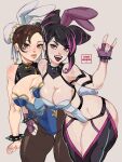  2girls animal_ears aqua_nails artist_name bangle bare_shoulders black_hair black_pantyhose blue_leotard bracelet breasts breasts_squeezed_together brown_eyes brown_hair bun_cover chun-li cleavage clenched_hand collar cone_hair_bun cowboy_shot double_bun earrings fake_animal_ears fake_tail fingerless_gloves gloves hair_bun han_juri highres jewelry kamii_momoru large_breasts leotard looking_at_viewer medium_breasts multicolored_hair multiple_girls nail_polish nontraditional_playboy_bunny open_mouth pantyhose pink_eyes pink_hair purple_gloves rabbit_ears rabbit_tail smile spiked_bracelet spiked_collar spikes strapless strapless_leotard streaked_hair street_fighter street_fighter_6 swept_bangs tail thighs tongue tongue_out white_leotard 