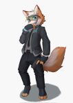  2021 anthro black_bottomwear black_clothing black_necktie black_pants blue_eyes bodily_fluids bottomwear brown_nose bulge business_suit canid canine cheek_tuft claws clothed clothing dress_pants drooling facial_tuft fingerless_gloves fox front_view full-length_portrait fully_clothed furgonomics gloves gun hand_to_mouth handgun handwear heart_catchlight hi_res holding_gun holding_handgun holding_object holding_weapon jacket looking_at_viewer male mammal microphone necktie open_clothing open_jacket open_mouth open_topwear pants plantigrade portrait ranged_weapon saliva saliva_on_finger science_fiction simple_background solo standing stirrup_legwear suit suit_jacket timothy_furry topwear tuft visor weapon white_background white_claws wiping_mouth 