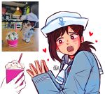  1girl 1other artist_name blush brown_hair chainsaw_man character_doll disembodied_limb hair_ornament hairclip hat heart higashiyama_kobeni holding_ice_cream looking_at_object mole mole_under_eye mole_under_mouth multiple_moles open_mouth osulan real_life_insert sailor_collar sailor_hat sailor_shirt shirt short_hair short_ponytail simple_background single_sidelock steepled_fingers sweat white_background white_sailor_collar 