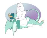  anthro blush boss_monster bovid caprine dragon duo female goat green_body green_scales hands_on_shoulders hi_res horn looking_at_another looking_at_partner male male/female mammal peachfurs raxym_(dragon_sinner) scales sitting_on_another tail toriel turquoise_hair undertale undertale_(series) wings 