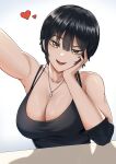  1girl :d absurdres arm_up bare_shoulders black_hair breasts camisole character_request cleavage commentary copyright_request grey_eyes hand_up heart highres large_breasts looking_at_viewer mchiefy open_mouth short_hair smile solo spaghetti_strap upper_body 