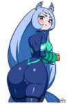  1girl absurdres artist_name ass blue_bodysuit blue_eyes blush bodysuit boku_no_hero_academia breasts commentary_request cropped_legs dated drill_hair from_behind gloves green_bodysuit hadou_nejire hair_horns highres long_hair looking_at_viewer maydaykiki medium_breasts multicolored_bodysuit multicolored_clothes narrow_waist pout simple_background skin_tight solo turning_head twin_drills very_long_hair white_background yellow_gloves 