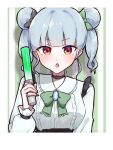  1girl :c black_choker blue_hair blunt_bangs blush bow bowtie brooch center_frills choker collared_shirt dot_nose double_bun frilled_shirt frills glowstick green_bow green_bowtie hair_bun hand_up heart heart_choker highres holding_glowstick hyodou_shizuku idoly_pride jewelry jun_(jun72275969) letterboxed long_bangs long_sleeves looking_at_viewer motion_lines open_mouth red_eyes ring shadow shirt short_twintails sidelocks solo straight-on twintails upper_body v-shaped_eyebrows white_shirt 