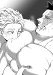  2boys abs absurdres bara blush boku_no_hero_academia breath completely_nude couple drooling endeavor_(boku_no_hero_academia) facial_hair greyscale hand_in_another&#039;s_hair hand_on_another&#039;s_head haruto_(hit23ewluvnpfo6) hawks_(boku_no_hero_academia) highres large_pectorals male_focus mature_male monochrome multiple_boys muscular muscular_male nipple_press nipples nude pectorals scar scar_across_eye short_hair solo_focus spiked_hair stubble sucking_male_nipple torogao trembling upper_body yaoi 