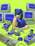 1girl bare_shoulders black_hair black_shorts blue_eyes blue_footwear blue_jacket blue_screen_of_death blue_theme blunt_bangs cable can closed_mouth computer crt double_vertical_stripe energy_drink famicom fanged_bangs floppy_disk full_body game_console gamecube_controller green_background hands_on_own_knee highres jacket kagenoyuhi keyboard_(computer) knee_up long_hair long_sleeves looking_at_viewer monitor off_shoulder original own_hands_together shoe_box shoelaces shoes short_shorts shorts simple_background single_shoe sitting sneakers soda_can solo twintails 