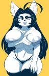  2023 5_fingers absurd_res ahoge anthro areola arm_tuft big_breasts black_hair breast_grab breast_squeeze breast_squish breasts clothed clothing domestic_cat fangs felid feline felis female fingers fur hair hand_on_breast hand_on_own_breast hi_res holding_breast huge_breasts inner_ear_fluff inverted_nipples katherine_(sem-l-grim) legwear long_hair looking_at_viewer mammal navel nipples open_mouth open_smile simple_background smile solo squish standing stockings teeth thick_thighs thong topless toto_draw tuft underwear white_body white_fur wide_hips yellow_background 