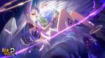  1girl alaya_(benghuai_xueyuan) barefoot benghuai_xueyuan copyright_name feathered_wings feathers halo highres honkai_(series) long_hair official_art planet purple_eyes tattoo white_hair wings 