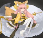  1girl animal_ear_fluff animal_ears blush bow braided_sidelock fate/samurai_remnant fate_(series) fox_ears fox_girl fox_tail full_body hair_bow half-closed_eyes japanese_clothes katana kimono knees_up looking_at_viewer open_mouth pantyhose platform_footwear short_kimono sleeves_past_fingers sleeves_past_wrists smile solo sword sword_on_back tail tamamo_(fate) tamamo_aria uhana weapon weapon_on_back white_bow white_footwear white_pantyhose yellow_bow yellow_kimono 