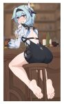  1girl ass bar_stool barefoot beer_mug blue_hair blush bottle coin cup drooling drunk eula_(genshin_impact) feet foot_focus from_behind genshin_impact hair_ornament highres medium_hair mouth_drool mug softhanten soles solo stool toes 