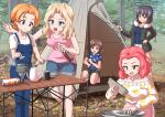  5girls absurdres akiyama_yukari autumn_leaves black_coat black_hair black_shorts blonde_hair blue_eyes blue_overalls blue_shirt blue_shorts bob_cut bottle brown_eyes brown_hair camouflage camouflage_shirt camping casual coat commentary commission day denim denim_shorts drops_mint english_commentary firewood forest fur-trimmed_coat fur_trim girls_und_panzer green_eyes grin hair_intakes hammer highres holding holding_bottle holding_hammer holding_spoon hoshino_(girls_und_panzer) kay_(girls_und_panzer) kettle kneeling leaning_forward long_sleeves looking_at_another medium_hair mixed-language_commentary multiple_girls nature off-shoulder_shirt off_shoulder open_mouth orange_hair orange_pekoe_(girls_und_panzer) outdoors overalls pink_skirt pink_tank_top pixiv_commission red_hair rosehip_(girls_und_panzer) shirt short_hair short_shorts short_sleeves shorts skirt smile socks soda_bottle spoon standing t-shirt table tank_top teapot tent tent_peg white_shirt white_shorts white_socks yellow_shirt 