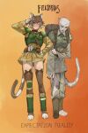  1girl absurdres ammunition_pouch animal_ear_fluff animal_ears armor astra_militarum blush body_armor camouflage cat_ears cat_girl cat_tail english_text expectations/reality full_body gradient_background green_eyes hair_between_eyes highres load_bearing_equipment long_sleeves looking_at_viewer military military_uniform mossacannibalis on_bed open_mouth pouch power_armor salute scar short_hair simple_background soldier standing tactical_clothes tail thighhighs torn_clothes uniform warhammer_40k weapon 