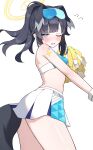  1girl ;o animal_ears arm_tattoo ass black_hair blue_archive blunt_bangs blush commentary_request dog_ears dog_girl dog_tail droopy_ears eyewear_on_head facial_tattoo flying_sweatdrops from_side grey_eyes halo head_tilt hibiki_(blue_archive) hibiki_(cheer_squad)_(blue_archive) highres holding holding_pom_poms leaning_forward long_hair looking_at_viewer looking_to_the_side one_eye_closed parted_lips pleated_skirt pom_pom_(cheerleading) ponytail sidelocks simple_background skirt sleeveless solo star_tattoo stomach sunglasses tail tattoo tsubaki_0317 white_background 