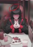  1girl antenna_hair black_hair blue_archive blurry blurry_foreground blush breasts dessert flustered food halo highres jacket large_breasts long_hair long_sleeves looking_at_viewer maxel nervous_smile pov red_eyes restaurant sitting smile solo sweat tsurugi_(blue_archive) wings 