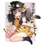  1girl :d animal animal_ears animal_print bare_shoulders black_choker black_hair black_headwear black_socks blood bone brown_eyes brown_jacket byulzzi chinese_zodiac choker collarbone commentary_request ears_through_headwear fang food full_body grey_background hair_between_eyes hand_up hat highres jacket long_hair long_sleeves looking_at_viewer meat nengajou new_year off_shoulder original peaked_cap puffy_long_sleeves puffy_sleeves revision seiza sitting sleeves_past_wrists smile socks solo tail tiger tiger_ears tiger_girl tiger_print tiger_tail translated twintails two-tone_background v-shaped_eyebrows whistle whistle_around_neck white_background year_of_the_tiger 