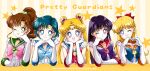  5girls aino_minako bishoujo_senshi_sailor_moon black_hair blonde_hair blue_bow blue_bowtie blue_choker blue_eyes blue_hair blue_sailor_collar bow bowtie brooch brown_hair choker circlet collar double_bun earrings elbow_gloves flower_earrings gloves green_eyes green_sailor_collar hair_bobbles hair_bow hair_bun hair_ornament hands_on_own_face heart heart_brooch highres hino_rei jewelry kino_makoto long_hair medium_hair mizuno_ami multiple_girls orange_collar orange_gemstone parted_bangs pink_bow pink_bowtie ponytail purple_bow purple_bowtie purple_eyes red_bow red_bowtie red_choker red_sailor_collar sailor_collar sailor_jupiter sailor_mars sailor_mercury sailor_moon sailor_venus sarashina_kau shirt short_hair short_sleeves sidelocks smile stud_earrings swept_bangs tsukino_usagi twintails very_long_hair white_gloves white_shirt 