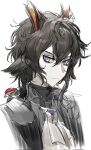  1boy animal_ears arknights ascot black_hair black_suit closed_mouth ebenholz_(arknights) expressionless goat_boy goat_ears goat_horns hair_between_eyes highres horns looking_at_viewer male_focus portrait purple_eyes short_hair simple_background sketch solo suit white_ascot white_background yrdd 