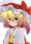  1girl ascot blonde_hair closed_mouth collared_shirt colorized flandre_scarlet frilled_shirt_collar frilled_sleeves frills hair_between_eyes hat hat_ribbon hat_ribbonn light_smile looking_at_viewer medium_hair mob_cap puffy_short_sleeves puffy_sleeves red_ribbon red_vest ribbon shirt short_sleeves solo sweethome026 touhou upper_body vest white_headwear white_shirt yellow_ascot 