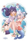  2girls 8_nana_usagi :d absurdres animal_ear_fluff animal_ears anklet arm_up bare_shoulders barefoot bikini bikini_skirt bikini_under_clothes black_bikini bloop_(gawr_gura) blue_eyes blue_hair blunt_bangs blush cat_ears clam_shell closed_eyes collarbone commentary_request copyright_name emphasis_lines english_text eyelashes fang feet fins fish_bone fish_tail floating_hair flower gawr_gura gradient_hair grin hair_ornament hairclip halo highres holding holding_water_gun hololive hololive_english jewelry lily_(flower) long_hair looking_at_viewer medium_hair multicolored_hair multiple_girls ninomae_ina&#039;nis open_mouth orange_hair pink_bikini pink_skirt pointy_ears print_shirt purple_eyes purple_hair seashell see-through see-through_shirt shark_hair_ornament shark_tail sharp_teeth shell shirt short_sleeves side-tie_bikini_bottom sidelocks simple_background skirt smile starfish streaked_hair swimsuit t-shirt tail takodachi_(ninomae_ina&#039;nis) teeth tentacle_hair thigh_strap toes two_side_up virtual_youtuber water_gun wet white_background white_flower white_hair white_shirt 