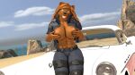 3d_(artwork) absurd_res bear belt bottomwear breast_grab breasts brown_body brown_fur brown_hair buick bull3t car clothed clothing cloud dasha_(petruz) digital_media_(artwork) female fur hair hand_on_breast headlight hi_res invalid_tag jacket knee_pads mammal nipples open_clothing open_jacket open_topwear pants petruz_(copyright) red_paint rock sand seaside smile solo tongue tongue_out topwear vehicle water white_paint windshield_wiper 