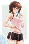  1girl arthur_ko black_shorts blush border brown_eyes brown_hair camisole clothes_lift commentary_request cowboy_shot electric_fan food fubuki_(kancolle) highres holding holding_food kantai_collection lifted_by_self looking_at_viewer navel popsicle shirt_lift short_hair short_ponytail short_shorts shorts simple_background solo sweat tank_top twitter_username white_border white_camisole white_tank_top 