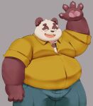  2023 anthro bear belly big_belly black_nose bottomwear clothing giant_panda kemono male mammal meg_hoi overweight overweight_male pants shirt simple_background solo topwear white_body 