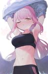  1girl armpits arms_up black_sports_bra blue_archive blush breasts feathered_wings halo highres large_breasts long_hair low_wings mika_(blue_archive) navel one_eye_closed pink_hair signalviolet solo sports_bra stomach sweat undressing white_wings wings yellow_eyes 