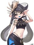  +_+ 1girl black_hair black_pants blue_pantyhose blue_tongue callie_(splatoon) circlet colored_tongue commentary crop_top dot_nose fang gradient_hair grey_hair highres jewelry long_hair looking_at_viewer multicolored_hair navel open_mouth pants pantyhose parted_bangs pointy_ears puchiman seashell shell shell_hair_ornament signature simple_background sleeveless solo splatoon_(series) swept_bangs symbol-only_commentary symbol-shaped_pupils tongue tongue_out two-tone_hair very_long_hair white_background 