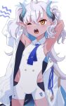  1girl armpits arms_behind_head bare_shoulders blue_archive blush coat dark-skinned_female dark_skin earrings flat_chest highres horns jewelry necktie one_eye_closed open_mouth pointy_ears solo sumomo_(blue_archive) teeth tongue twintails white_hair yawning yellow_eyes yucblossom 
