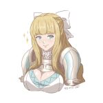  1girl armor blonde_hair bow breasts charlotte_(fire_emblem) cleavage fire_emblem fire_emblem_fates hair_bow highres large_breasts long_hair looking_at_viewer shoulder_armor smile solo sparkle spikes tak0baka upper_body white_background 