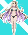  1girl bikini bikini_day black_bikini blonde_hair blush breasts chest_jewel cleavage feet_out_of_frame kanuici336 long_hair looking_at_viewer mythra_(xenoblade) smile solo swept_bangs swimsuit tiara twitter_username very_long_hair xenoblade_chronicles_(series) xenoblade_chronicles_2 