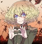  1girl blonde_hair blue_eyes cross green_jacket hal_(goshujinomocha) heart heart_hands iron_cross jacket long_sleeves looking_at_viewer military military_jacket military_uniform short_hair smile solo tanya_degurechaff uniform upper_body wavy_hair youjo_senki 