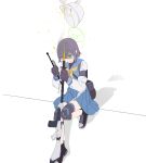  1girl absurdres black_gloves blue_archive blue_sailor_collar blue_skirt gloves green_eyes gun halo hat hat_removed headwear_removed highres ichibombu knee_pads ledge long_sleeves medium_hair misfire_(weapon) nervous_sweating open_mouth pleated_skirt purple_hair rifle sailor_collar saki_(blue_archive) scared shirt shoes simple_background sitting skirt sneakers sniper_rifle solo surprised sweat weapon white_background 