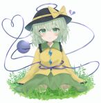  1girl absurdres black_headwear bow broken_heart closed_mouth commentary crying full_body grass green_eyes green_hair green_skirt hat hat_bow heart heart_of_string highres komeiji_koishi long_sleeves looking_at_viewer nemuri_namida_rua seiza shirt short_hair sitting skirt sleeves_past_fingers sleeves_past_wrists solo tears third_eye touhou yellow_bow yellow_shirt 
