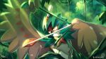  arrow_(projectile) beak bird bow_(weapon) brown_feathers decidueye drawing_bow feathers forest furry green_hood highres holding holding_bow_(weapon) holding_weapon hood hood_up nature no_humans orange_eyes outdoors plant pokemon r-nowong signature solo vines weapon wings 