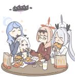  4girls ako_(blue_archive) alternate_costume blue_archive burger chicken_nuggets chinatsu_(blue_archive) condiment_packet cup dark-skinned_female dark_skin demon_girl demon_horns disposable_cup eating enobun3gyo fast_food feeding food french_fries glasses halo happy highres hina_(blue_archive) holding holding_food horns iori_(blue_archive) mcdonald&#039;s multiple_girls pointy_ears prefect_team_(blue_archive) sauce smile sweatdrop yoru_mac 