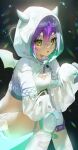  1girl absurdres bandaid bandaid_on_leg bandeau belt blush breasts cadorunrun chromatic_aberration commentary_request demon_wings goggles goggles_on_head green_eyes hair_between_eyes hand_up highres hololive hood hood_up hooded_shrug knee_pads knees_together_feet_apart open_mouth purple_hair ribbed_bandeau see-through see-through_sleeves short_hair shrug_(clothing) single_wing sitting small_breasts solo thigh_belt thigh_strap tokoyami_towa tokoyami_towa_(5th_costume) virtual_youtuber white_bandeau white_shrug white_wings wings 