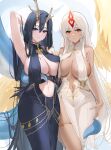  2girls arm_behind_head armpits azur_lane bare_arms bare_shoulders black_dress black_hair blue_eyes breast_curtains breasts center_opening chain covered_nipples dress golden_hind_(azur_lane) hair_between_eyes highres horns large_breasts long_hair looking_at_viewer multiple_girls navel parted_lips qing_wu red_eyes sao_martinho_(azur_lane) side_slit sleeveless sleeveless_dress smile tentacles white_dress white_hair 