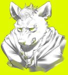  2023 angry anthro arknights clenched_teeth clothing collar ear_piercing eyebrow_piercing facial_piercing fur hi_res hyena hypergryph looking_away male mammal piercing pluto08010511 pu94_d1de4c simple_background solo spot_(arknights) spotted_hyena studio_montagne teeth topwear yellow_background 