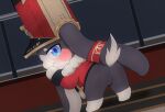  ambiguous_gender anthro bent_over blue_eyes blush bottomless clothed clothing detailed_background dipstick_limbs evil_bloodcat featureless_crotch hat headgear headwear hi_res honkai:_star_rail lagomorph leporid long_ears looking_at_viewer looking_back looking_back_at_viewer mammal mihoyo pom-pom_(honkai:_star_rail) rabbit solo 
