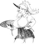  1girl absurdres alternate_costume breasts collared_shirt commentary_request cowboy_shot cuffs cup greyscale highres himajin_noizu holding holding_cup horns hoshiguma_yuugi huge_breasts long_hair monochrome oni_horns open_mouth ponytail sakazuki shackles shirt short_sleeves sidelocks simple_background single_horn skirt solo star_(symbol) star_print teeth touhou upper_teeth_only 